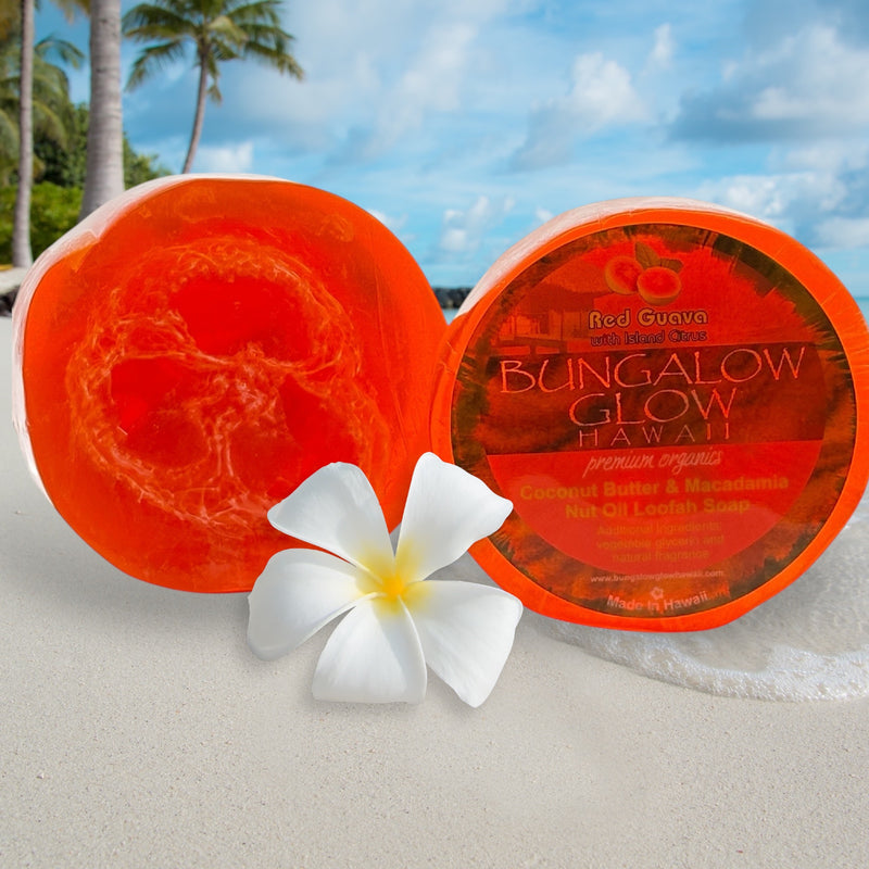 MADE IN HAWAII.Red Guava with Island Citrus Premium Organics Coconut Butter Sticker Loofah Soap