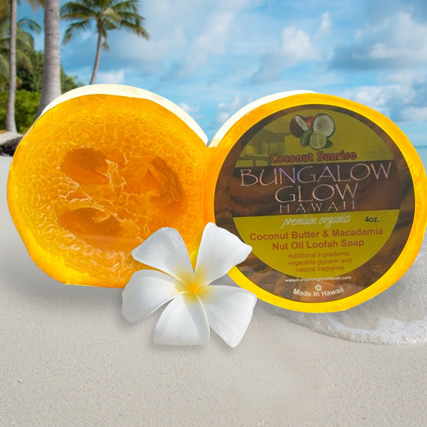 MADE IN HAWAII. Coconut Sunrise Premium Organics Coconut Butter Sticker Loofah Soap