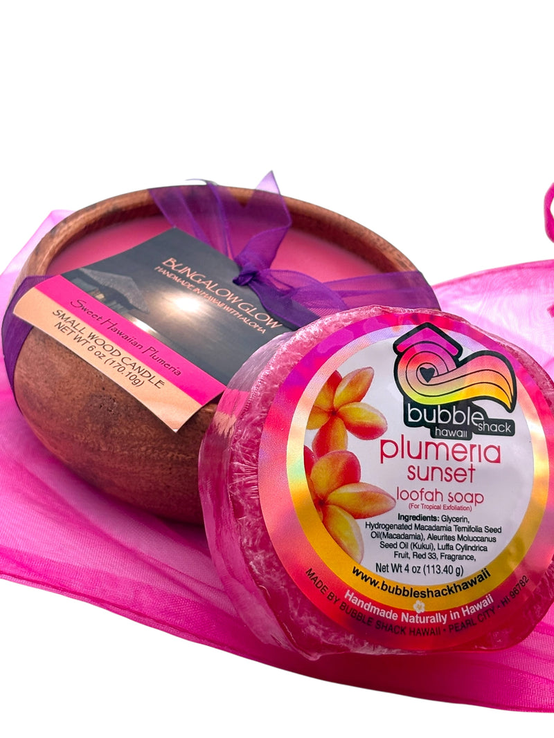 MADE IN HAWAII, Sweet Hawaiian Plumeria Loofah Lather/Soy Poi Candle Gift Set.