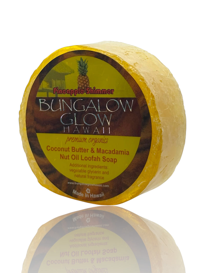 MADE IN HAWAII.Pineapple Shimmer Premium Organics Coconut Butter Sticker Loofah Soap
