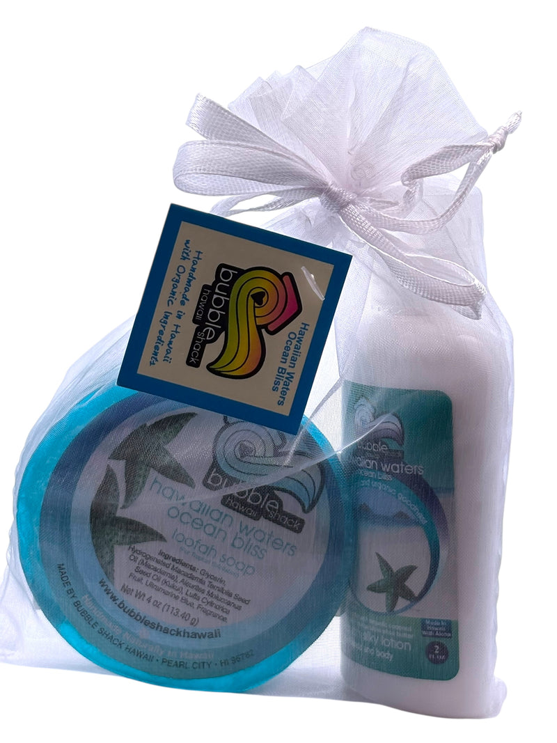 MADE IN HAWAII, Hawaiian Waters Ocean Bliss Mini Lotion and Loofah Soap Gift Set.