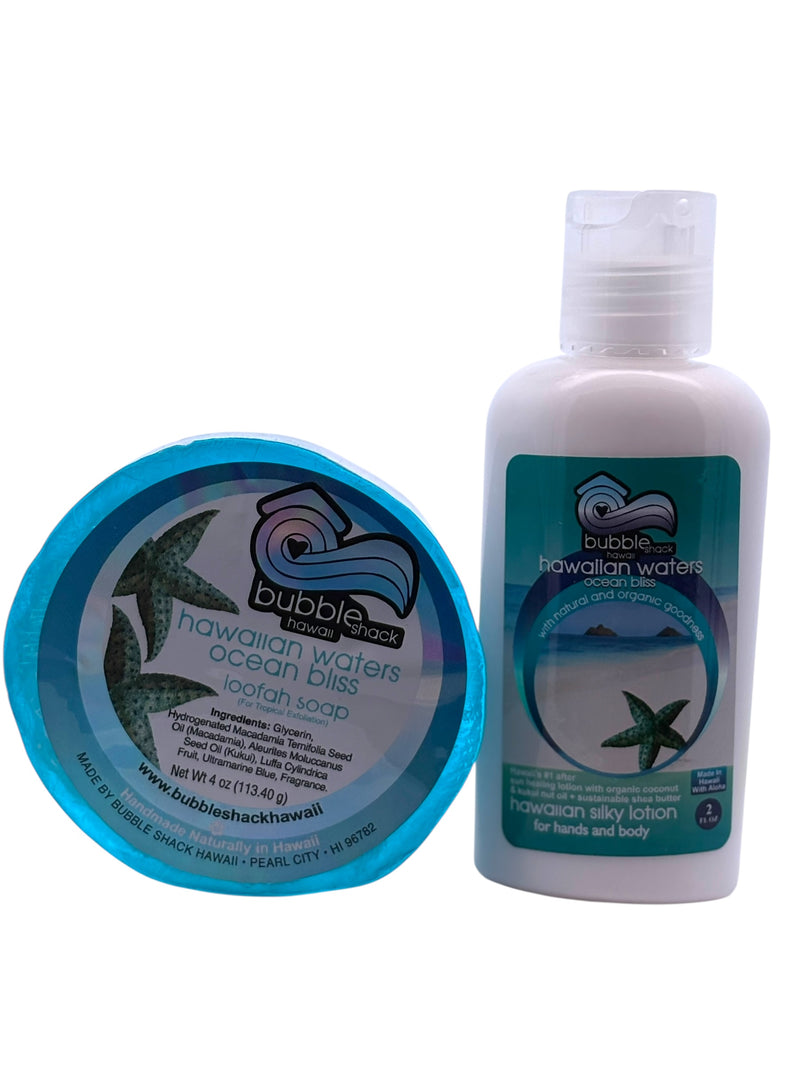 MADE IN HAWAII, Hawaiian Waters Ocean Bliss Mini Lotion and Loofah Soap Gift Set.