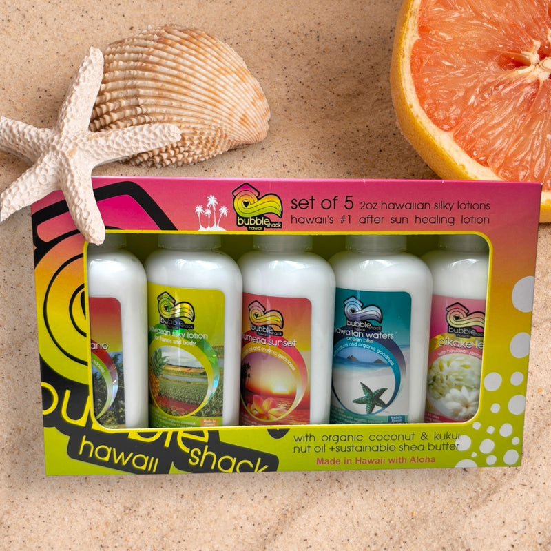 MADE IN HAWAII, Set of Five -2oz Kukui + Shea Hawaiian Silky Lotions.