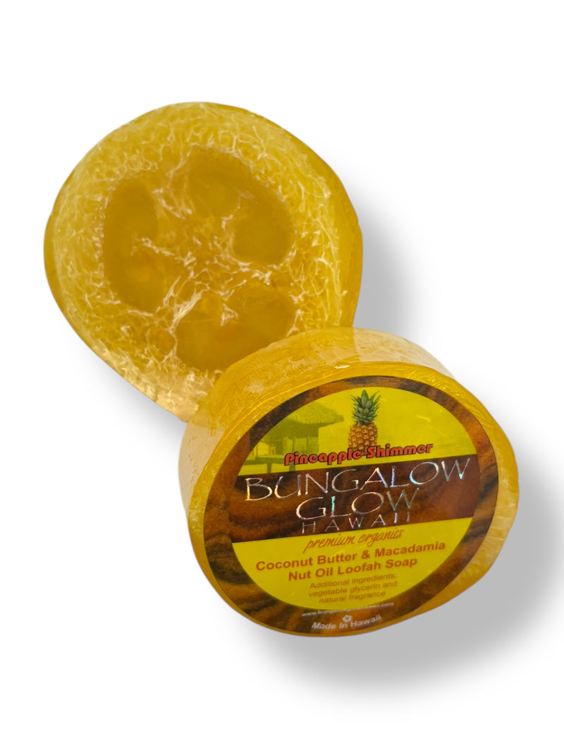 MADE IN HAWAII.Pineapple Shimmer Premium Organics Coconut Butter Sticker Loofah Soap