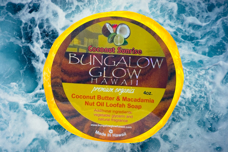 MADE IN HAWAII. Coconut Sunrise Premium Organics Coconut Butter Sticker Loofah Soap