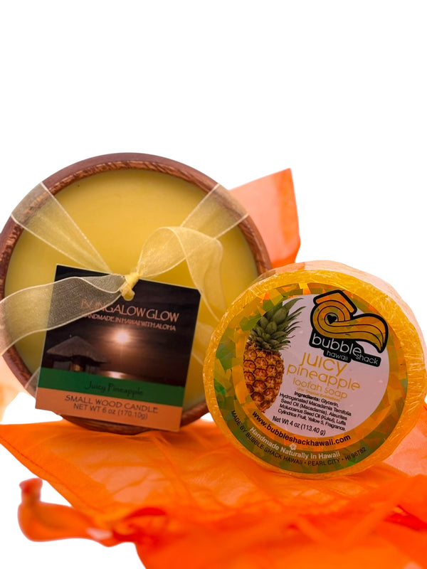 MADE IN HAWAII, Juicy Pineapple Loofah Lather/Soy Poi Candle Gift Set.