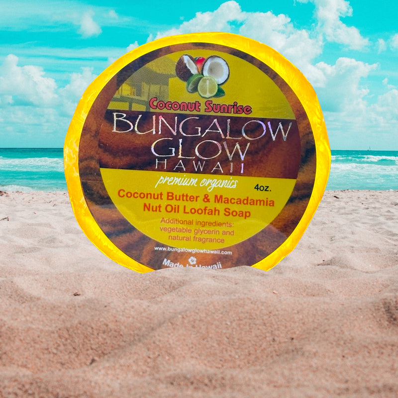 MADE IN HAWAII. Coconut Sunrise Premium Organics Coconut Butter Sticker Loofah Soap