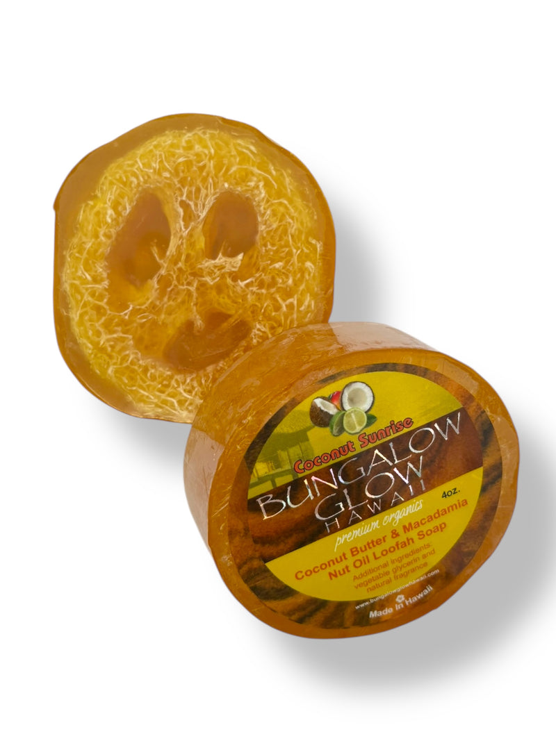 MADE IN HAWAII. Coconut Sunrise Premium Organics Coconut Butter Sticker Loofah Soap