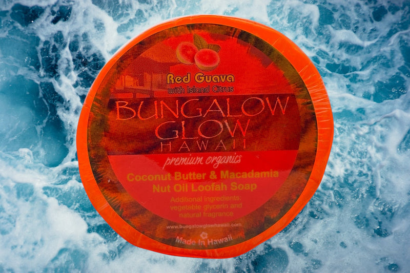 MADE IN HAWAII.Red Guava with Island Citrus Premium Organics Coconut Butter Sticker Loofah Soap