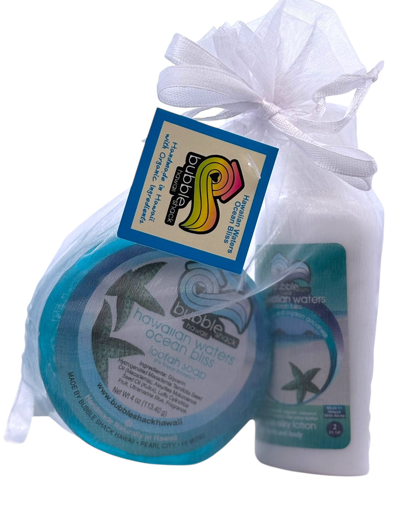 MADE IN HAWAII, Hawaiian Waters Ocean Bliss Mini Lotion and Loofah Soap Gift Set.