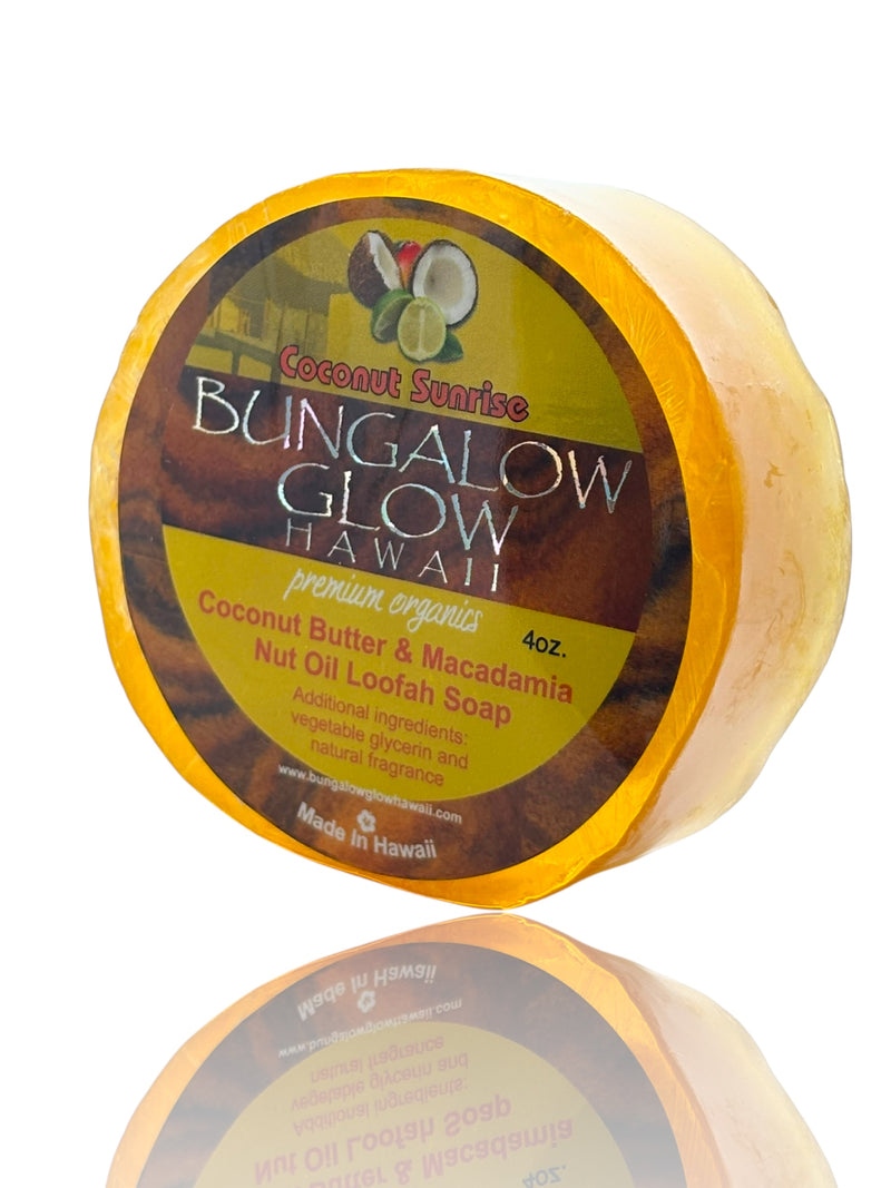 MADE IN HAWAII. Coconut Sunrise Premium Organics Coconut Butter Sticker Loofah Soap