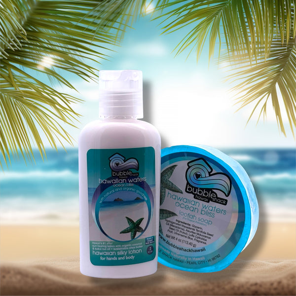 MADE IN HAWAII, Hawaiian Waters Ocean Bliss Mini Lotion and Loofah Soap Gift Set.
