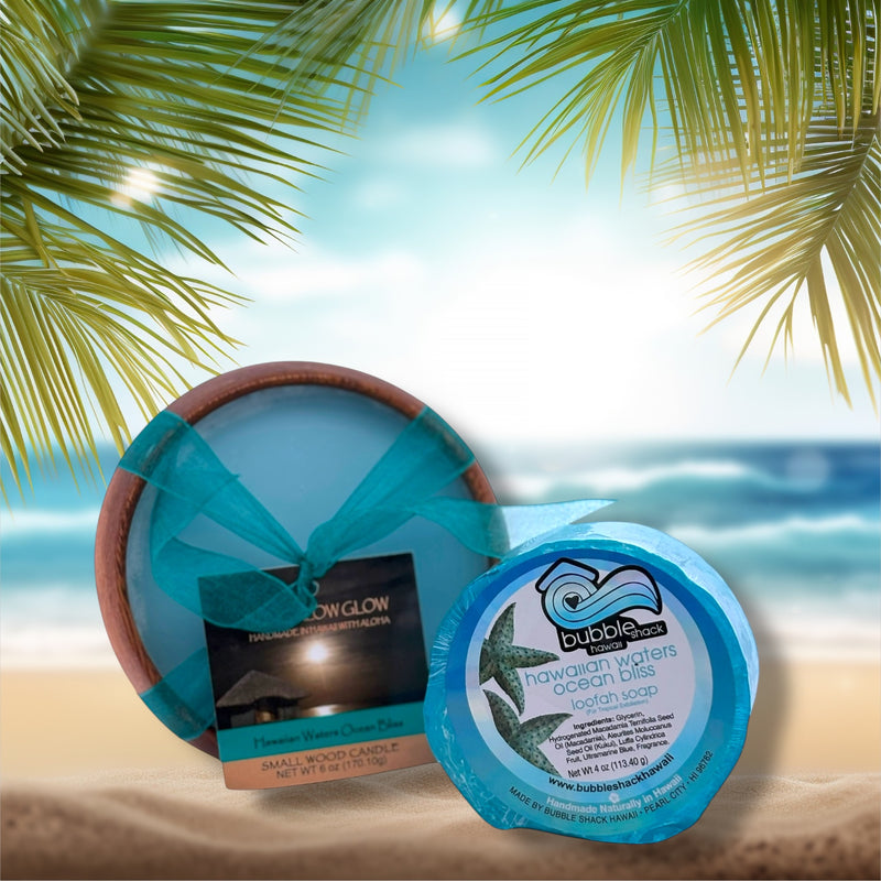 MADE IN HAWAII, Hawaiian Waters Ocean Bliss Loofah Lather / Soy Poi Candle Gift Set.