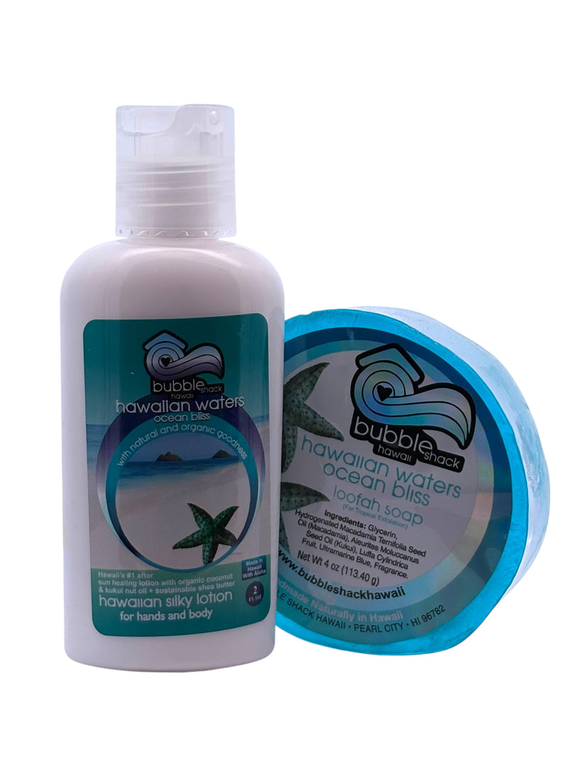MADE IN HAWAII, Hawaiian Waters Ocean Bliss Mini Lotion and Loofah Soap Gift Set.