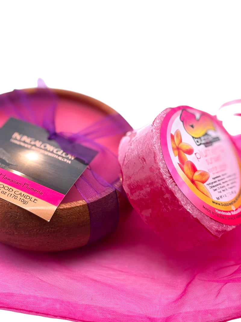 MADE IN HAWAII, Sweet Hawaiian Plumeria Loofah Lather/Soy Poi Candle Gift Set.