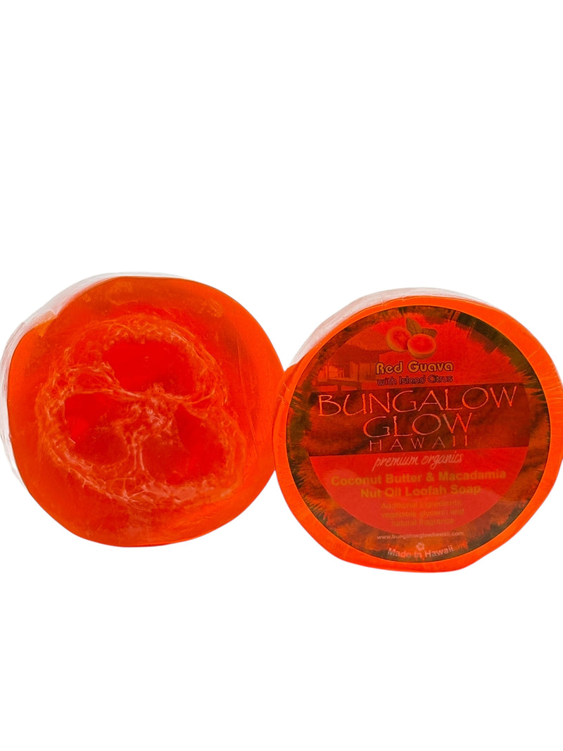 MADE IN HAWAII.Red Guava with Island Citrus Premium Organics Coconut Butter Sticker Loofah Soap