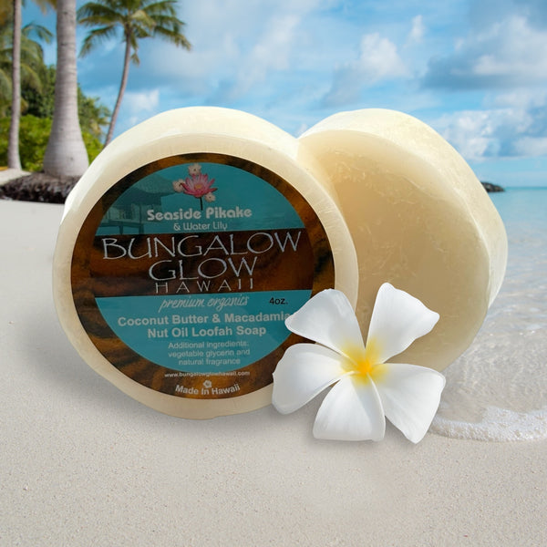 lily flower soap MADE IN HAWAII, Seaside Pikake + Water Lily Premium Organics Coconut Butter Loofah Soap