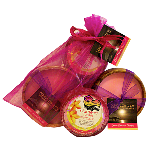Sweet Hawaiian Plumeria Loofah Lather/Soy Poi Candle Gift Set