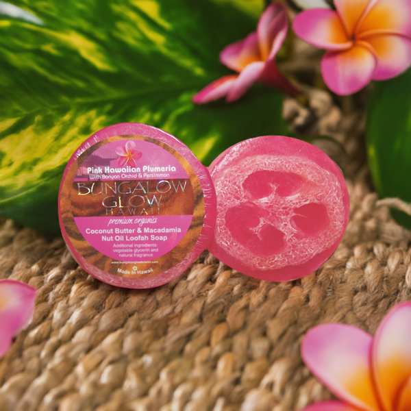 Pink Hawaiian Plumeria Premium Organics Coconut Butter Sticker Loofah Soap