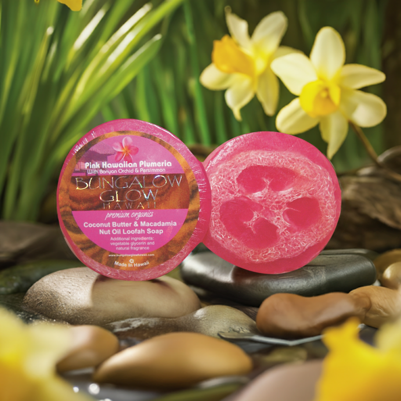 Pink Hawaiian Plumeria Premium Organics Coconut Butter Sticker Loofah Soap