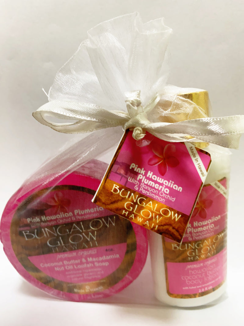 Pink Hawaii Plumeria 2oz Lotion and Loofah Soap Gift Set