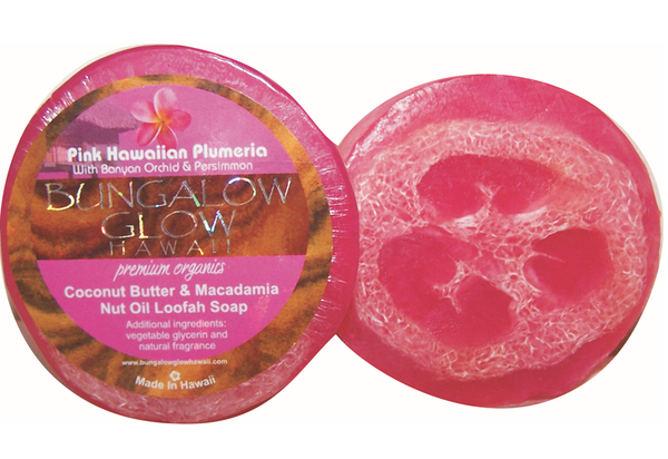 Pink Hawaiian Plumeria Premium Organics Coconut Butter Sticker Loofah Soap
